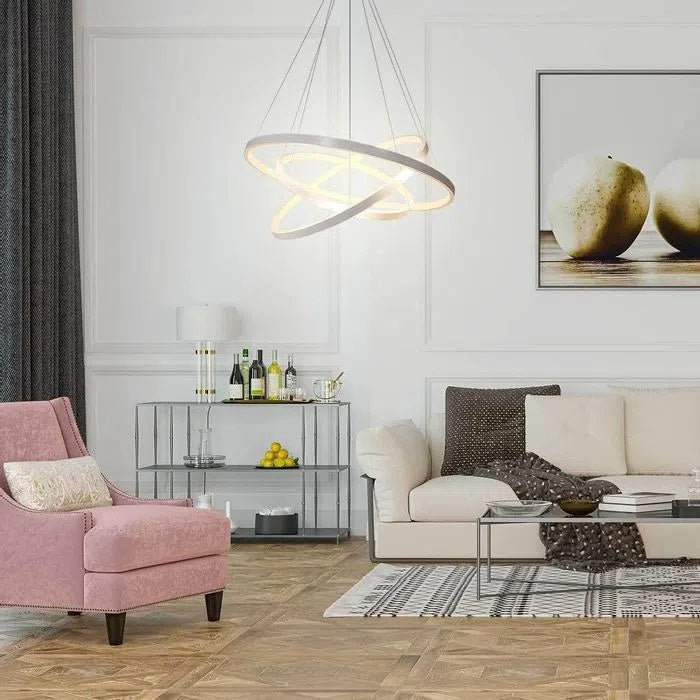 Lustre Led Moderno Com Controle Pendente Anéis 3 Arcos