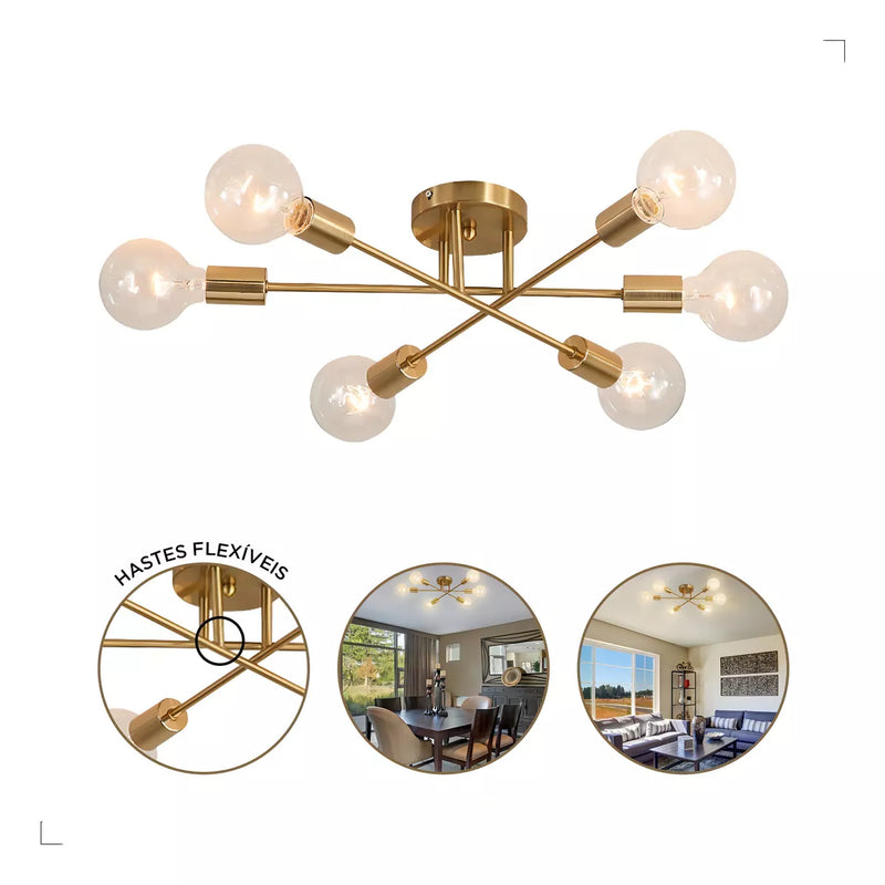 Lustre Para Sala Moderno Dourado 6 Lâmpadas