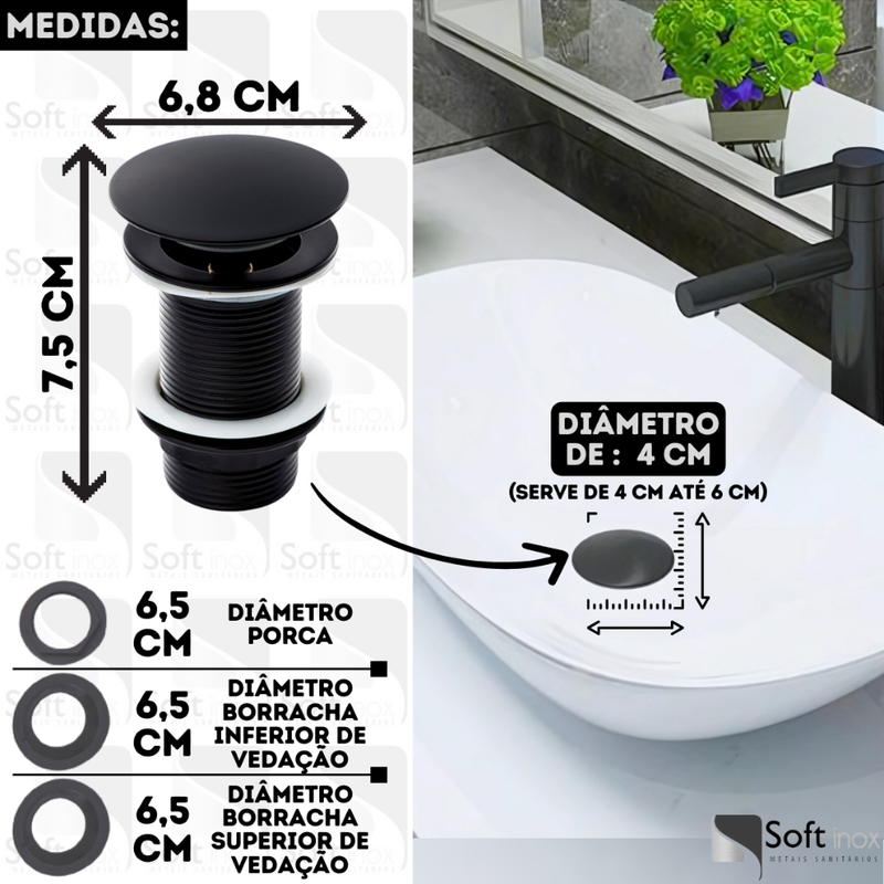 Válvula Click De Inox P/ Cuba Pia de Banheiro Lavatório Preto Black
