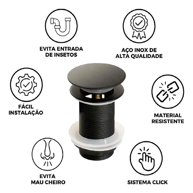 Válvula Click De Inox P/ Cuba Pia de Banheiro Lavatório Preto Black