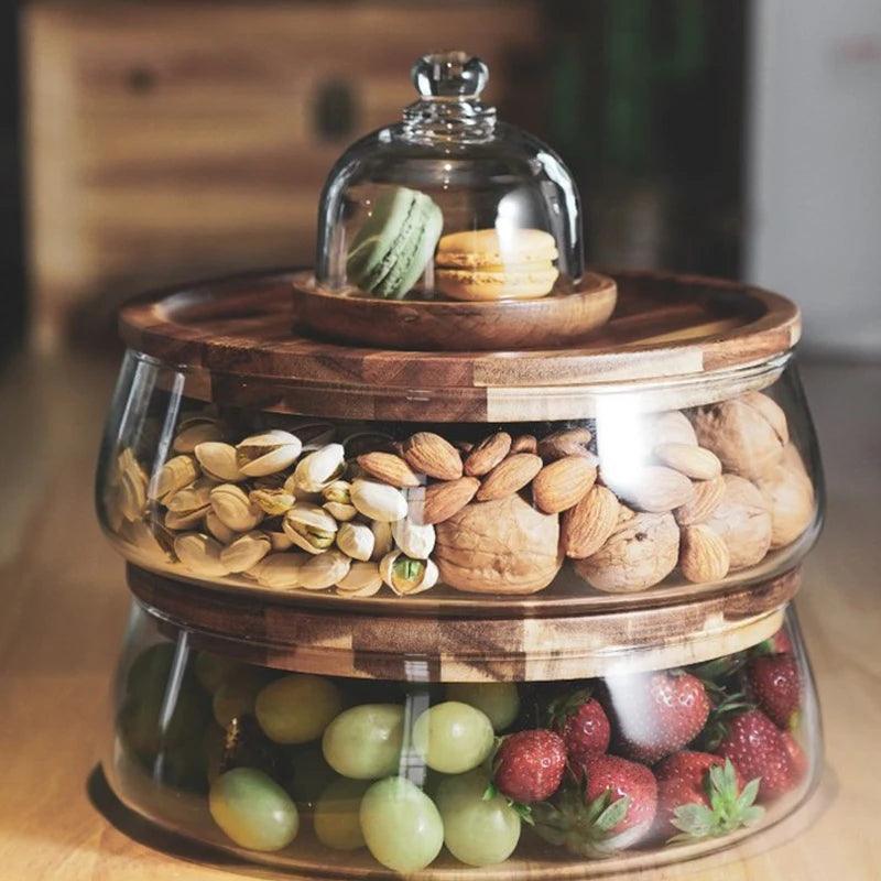 Fruteira De Mesa Com Tampa De Madeira Multifuncional