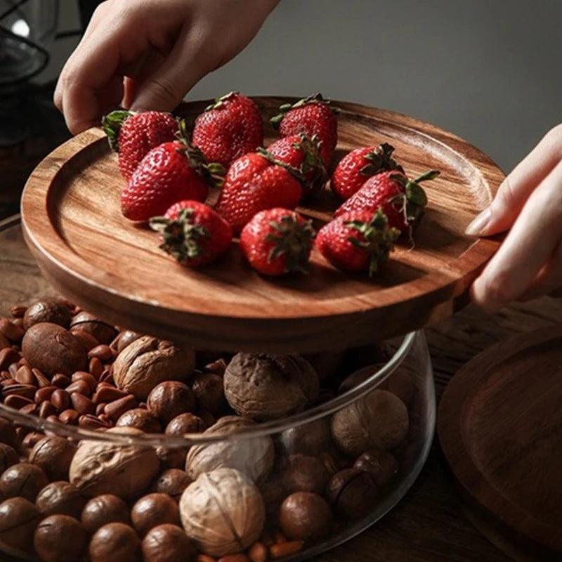 Fruteira De Mesa Com Tampa De Madeira Multifuncional