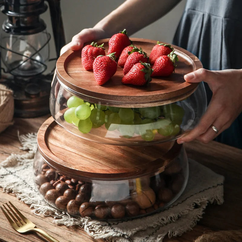Fruteira De Mesa Com Tampa De Madeira Multifuncional