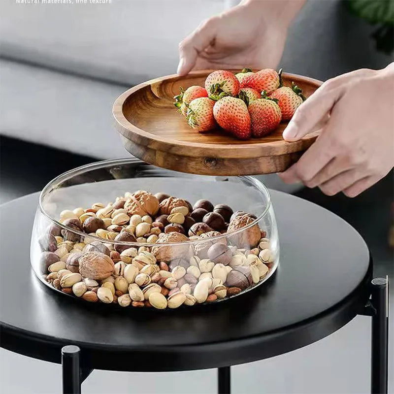 Fruteira De Mesa Com Tampa De Madeira Multifuncional
