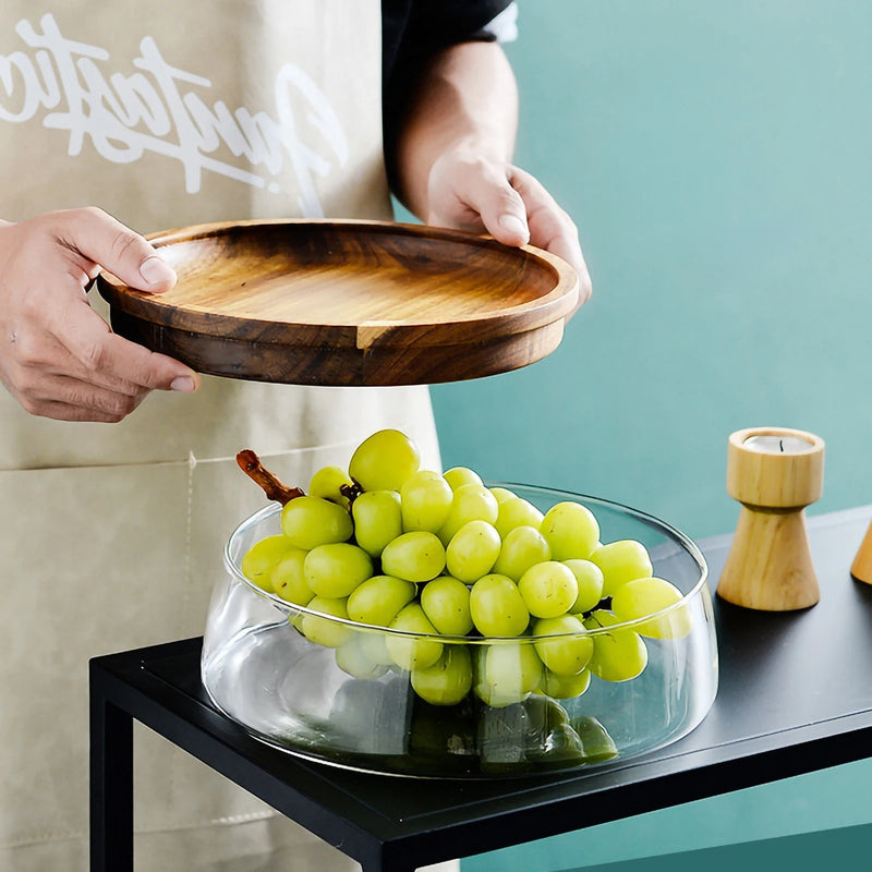 Fruteira De Mesa Com Tampa De Madeira Multifuncional