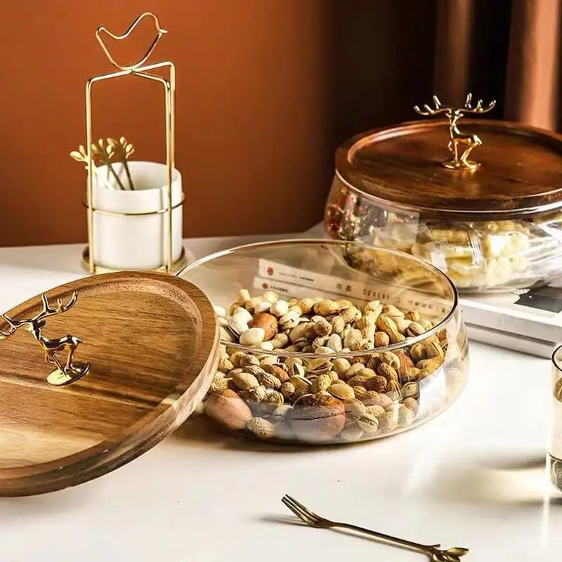 Fruteira De Mesa Com Tampa De Madeira Multifuncional