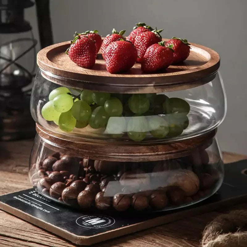 Fruteira De Mesa Com Tampa De Madeira Multifuncional